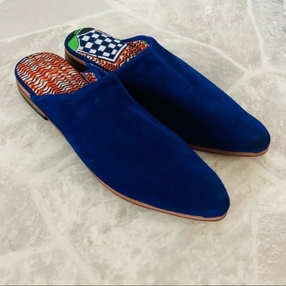 UNBRANDED royal blue suede pointed backless flat slide wooden bottom shoes SZ 7
